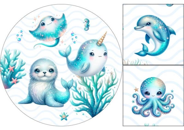 Panneau tapis rond + coussin Animaux marins