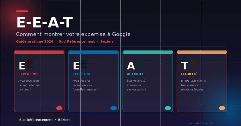 Infographie E-E-A-T : les 4 piliers Expérience, Expertise, Autorité et Fiabilité pour améliorer son référencement naturel sur Google