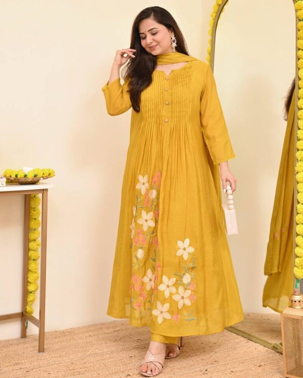 ALine kurthi 3 pcs Yellow  colour