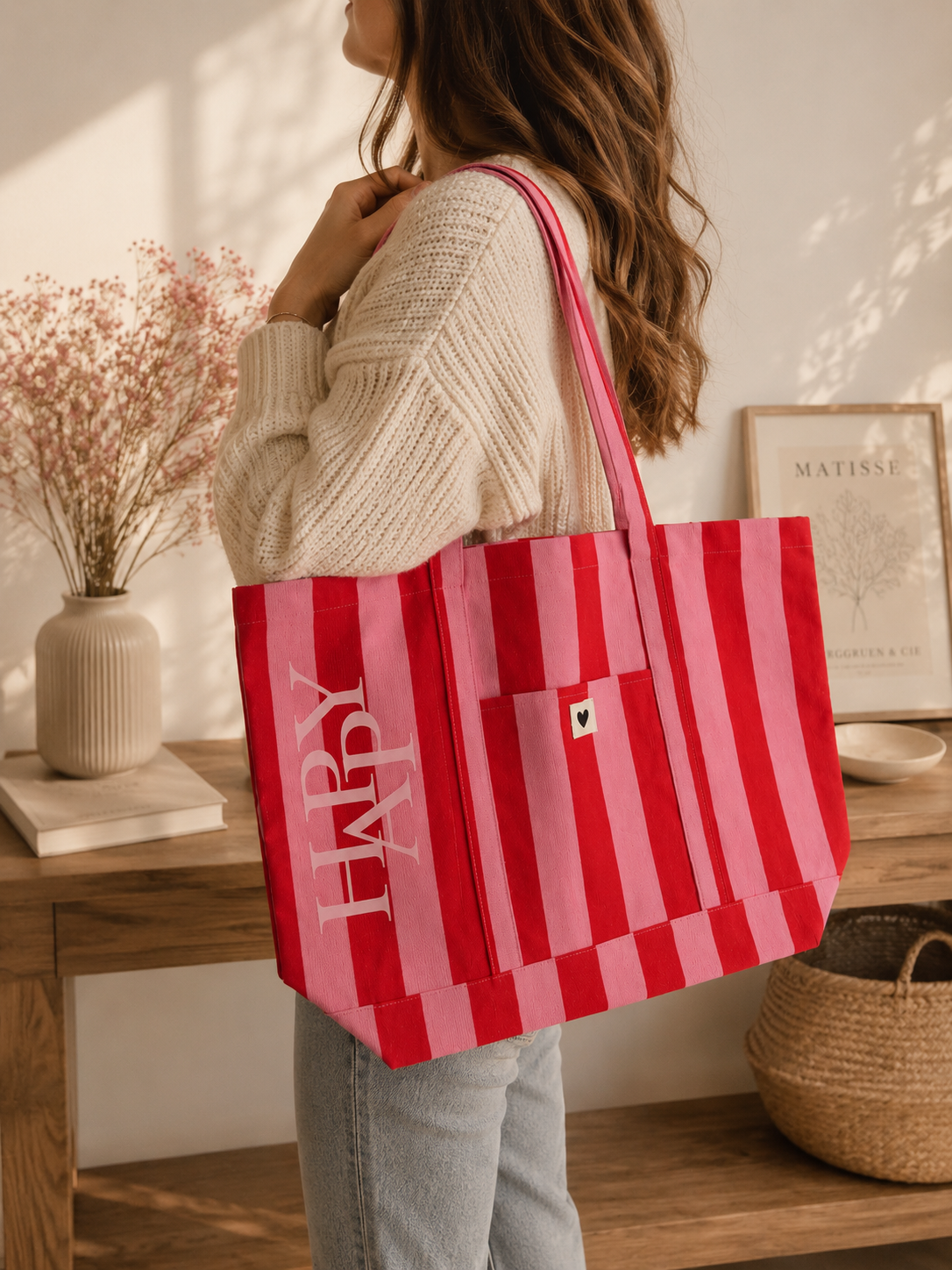 Shopper „HAPPY“ – gestreifte XL Tasche in Pink & Rot