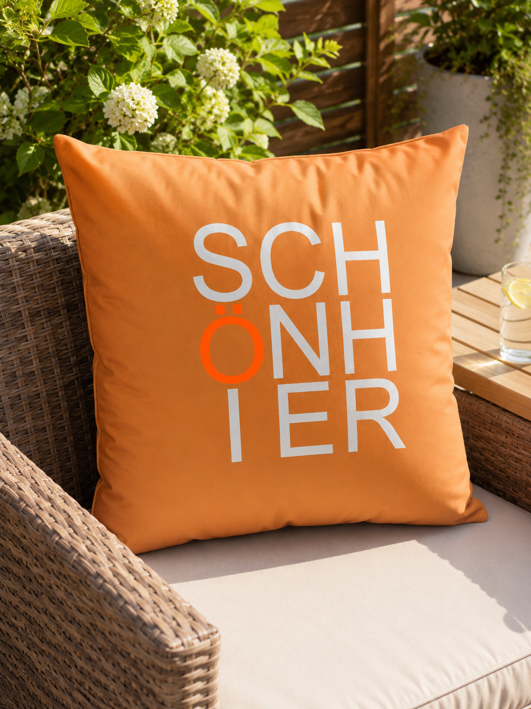 Outdoor-Kissen „SCHÖN HIER“ – Neonorange | XXL 60x60 cm 🧡