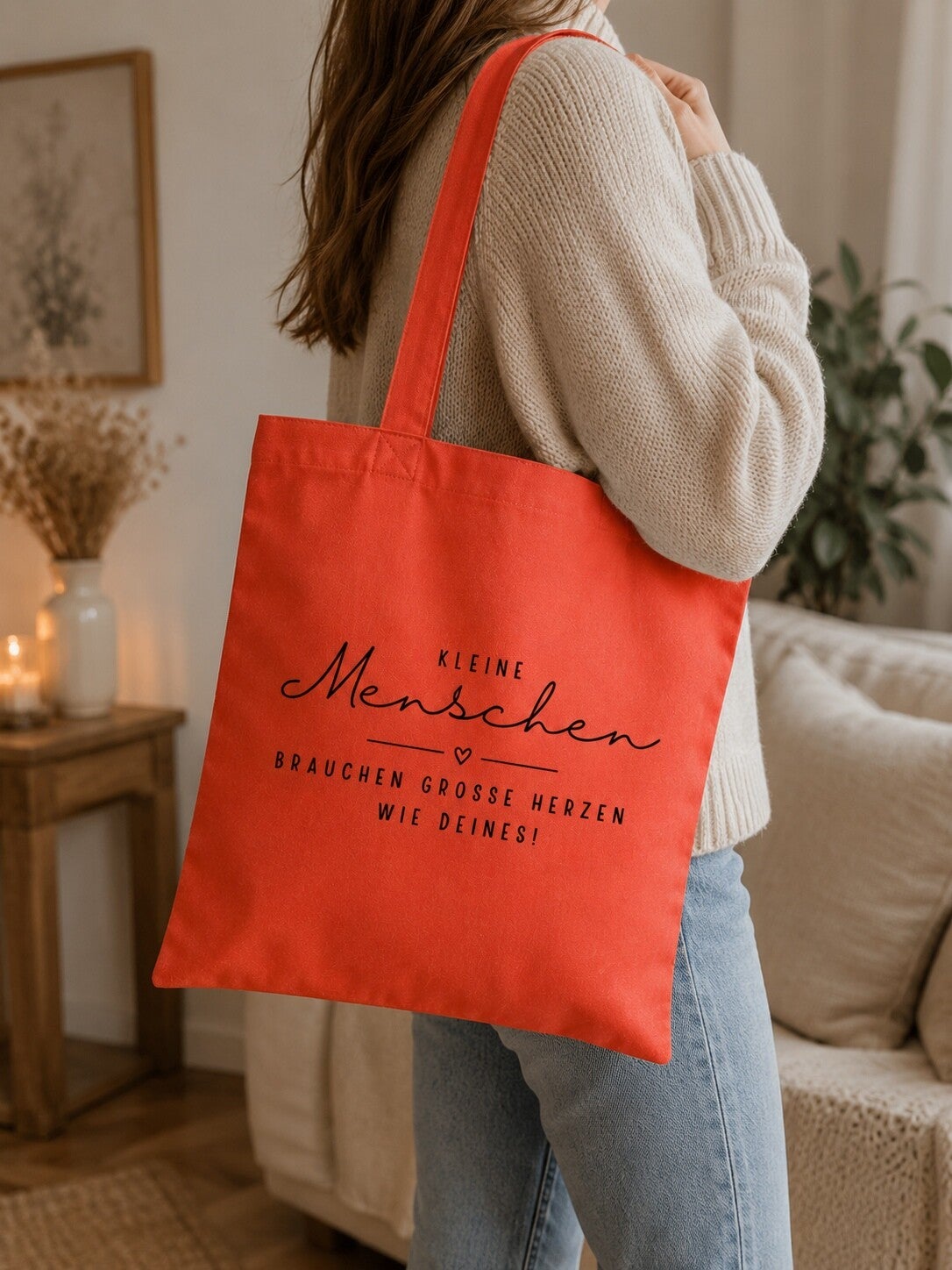 Stofftasche „Kleine Menschen brauchen große Herzen wie deines“ – Koralle | Geschenk für Erzieherin | Baumwolltasche 38 x 42 cm