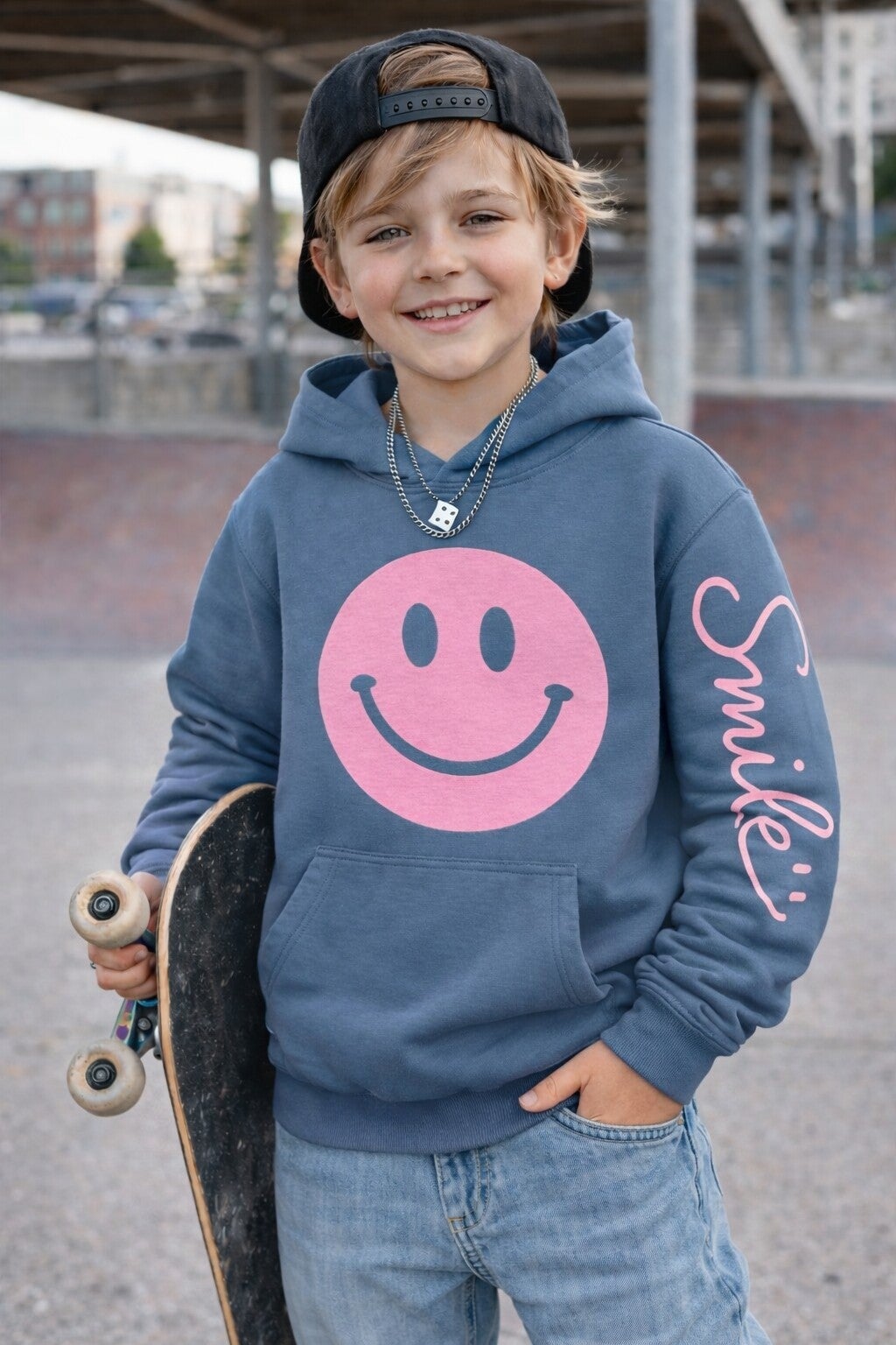 Kinder Hoodie „Smile“ Blau – Smiley Print | Designed by me