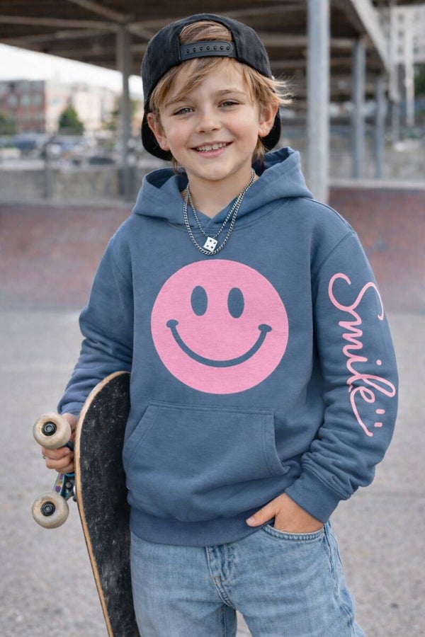 Kinder Hoodie „Smile“ Blau – Smiley Print | Designed by me