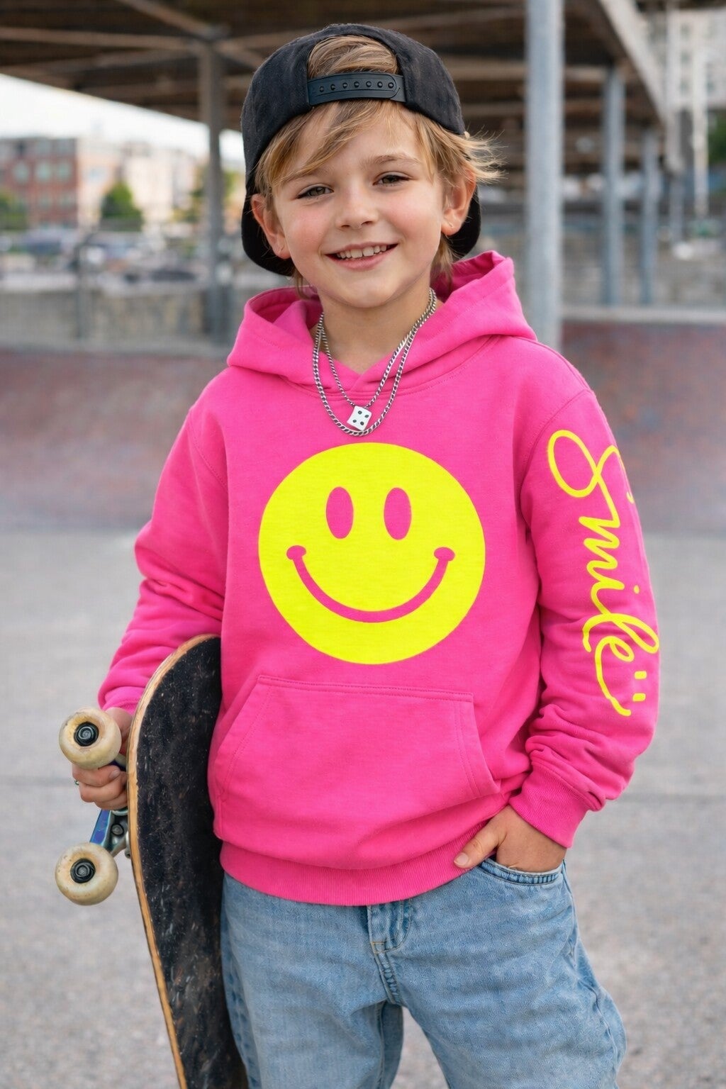 Kinder Hoodie „Smile“ Pink – Smiley Print | Designed by me