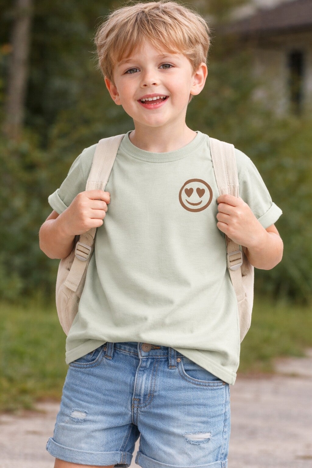 Kinder T-Shirt Smiley Herzaugen – Mint / Salbei Shirt mit Smiley Print