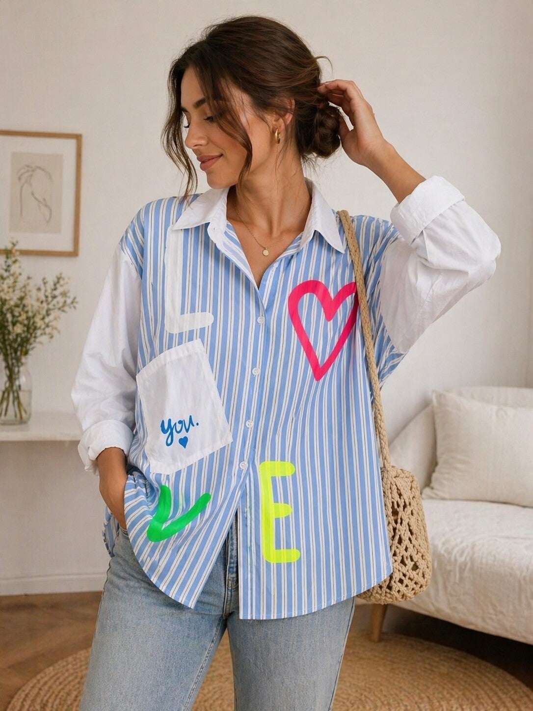 LOVE Statement Bluse – Blau/Weiß gestreift