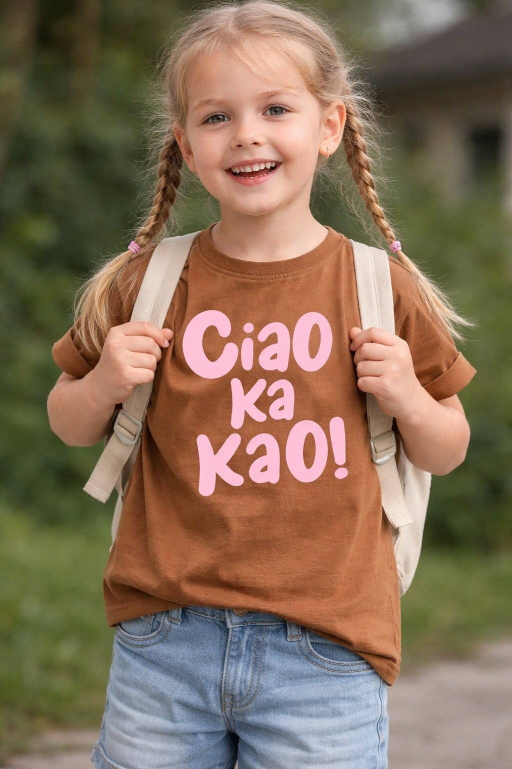 Kinder T-Shirt „Ciao Ka Kao“ – braunes Shirt mit rosa Schrift