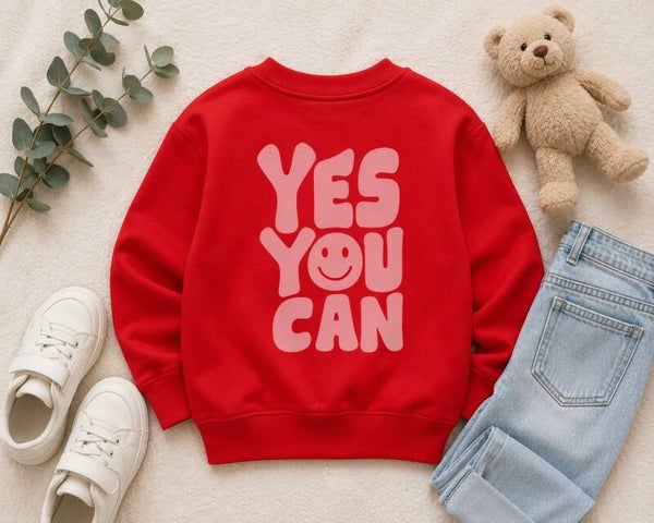 Kinder Sweater Rot mit Rosa „YES YOU CAN“ Print | Motivations Sweatshirt