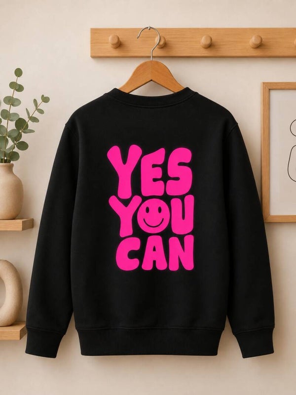 Kinder Sweatshirt „YES YOU CAN“ Schwarz mit Neonpinkem Rückenprint