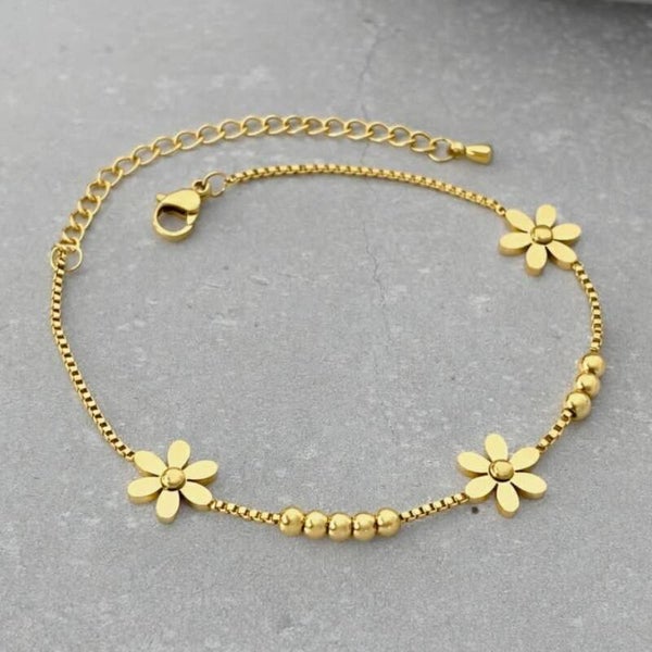 Tarnish Resistant Flower Bead Bracelet - Gold