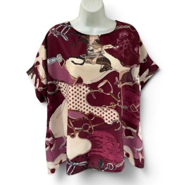 Equestrian Print Blouse - Burgandy