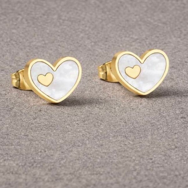 Gold Double Heart Studs