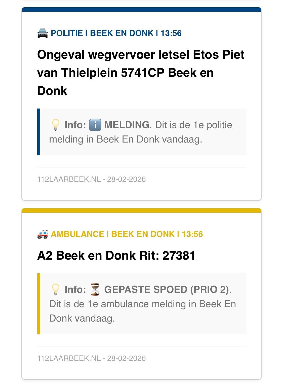 Melding van dit ongeval op de 112Laarbeek Live Monitor