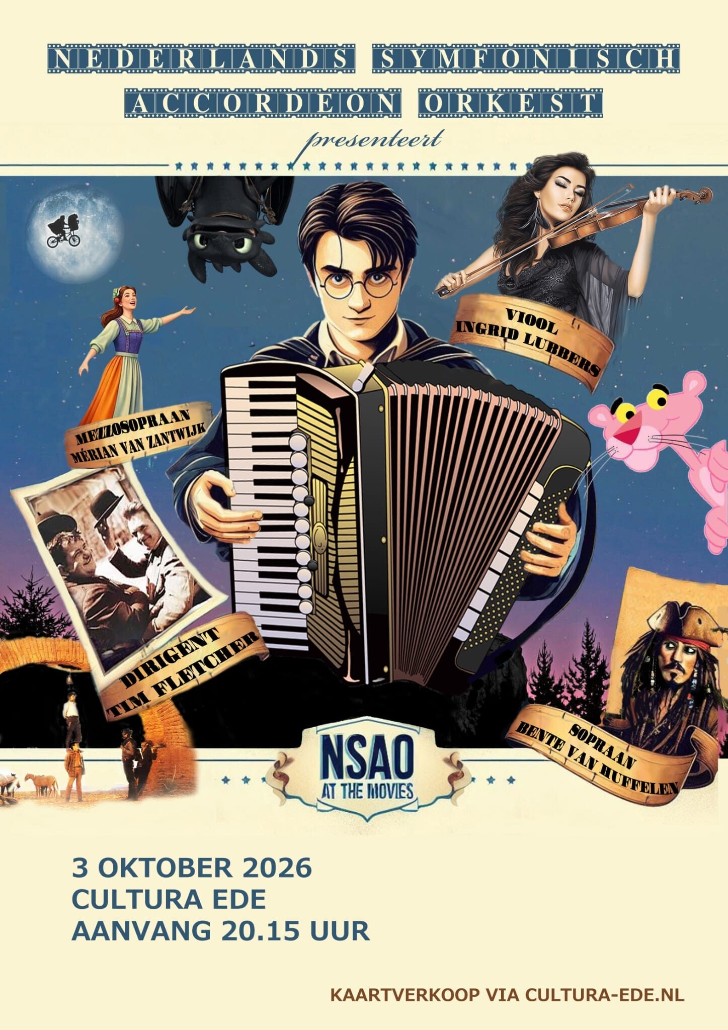 De flyer voor het NSAO at the movies concert met in het midden Harry Potter met een accordeon om en daaromheen diverse figuren uit films, zoals de Pink Panther, Mary Poppins en Jack Sparrow.