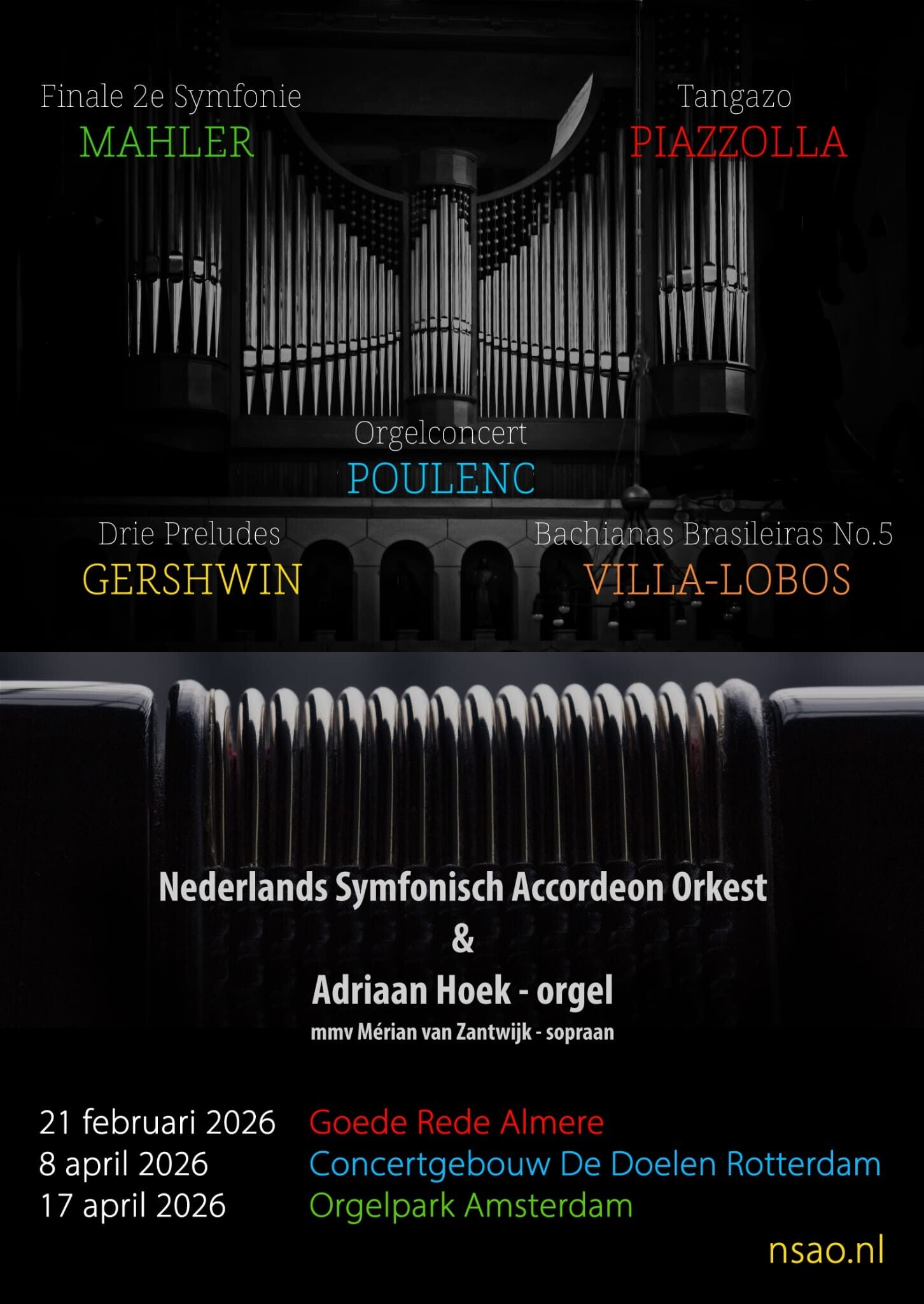 De flyer voor het NSAO at the movies concert met in het midden Harry Potter met een accordeon om en daaromheen diverse figuren uit films, zoals de Pink Panther, Mary Poppins en Jack Sparrow.