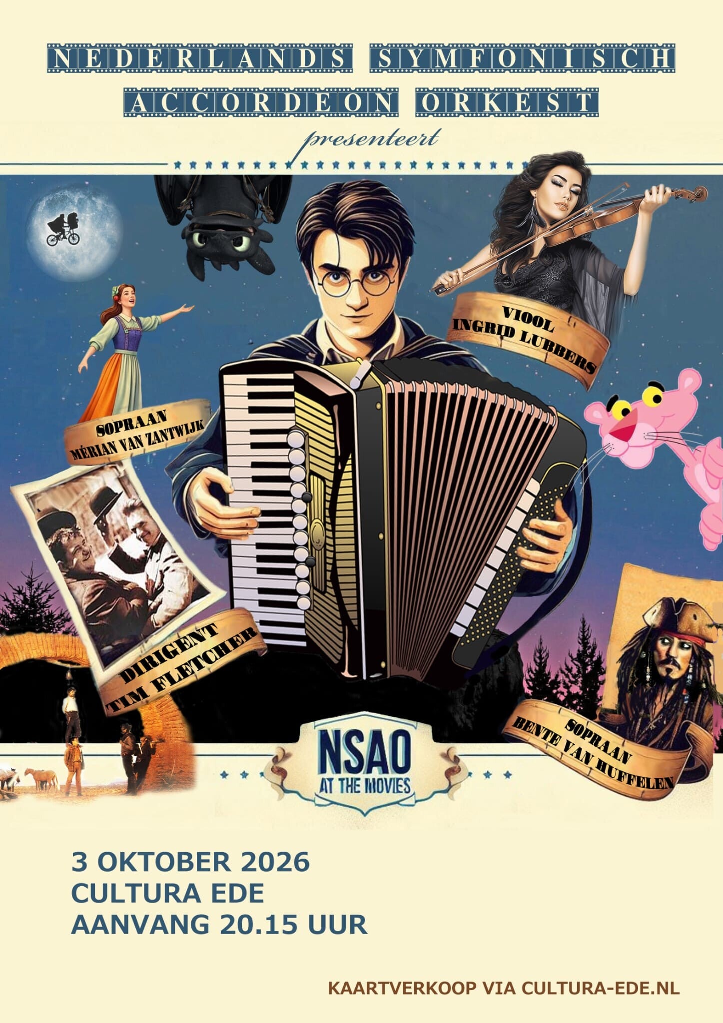 De flyer voor het NSAO at the movies concert met in het midden Harry Potter met een accordeon om en daaromheen diverse figuren uit films, zoals de Pink Panther, Mary Poppins en Jack Sparrow.