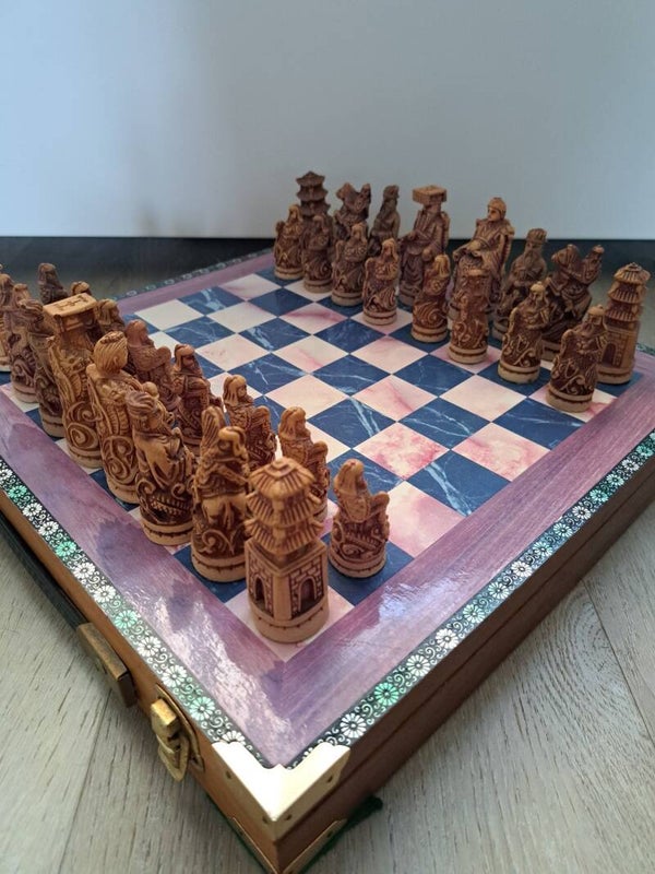 Unieke Schaak- en Backgammon Set in Houten Kist (1990s)