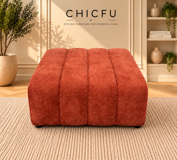 Large Rust Orange Chenille Footstool  Pouffe Modern Living Room ExDisplay