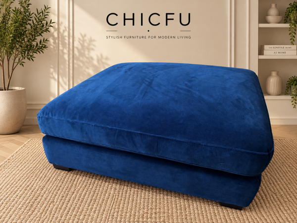 DUSK Blue Velvet Ottoman Footstool Large 90cm Ex Display