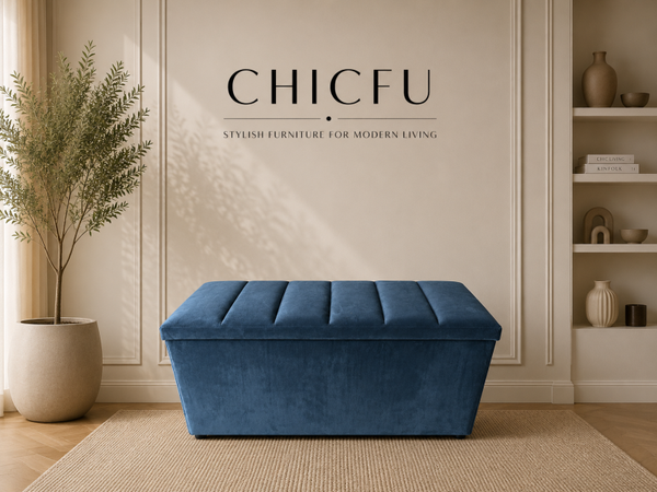 Blue Velvet-Effect Storage Ottoman in Blue Velvet