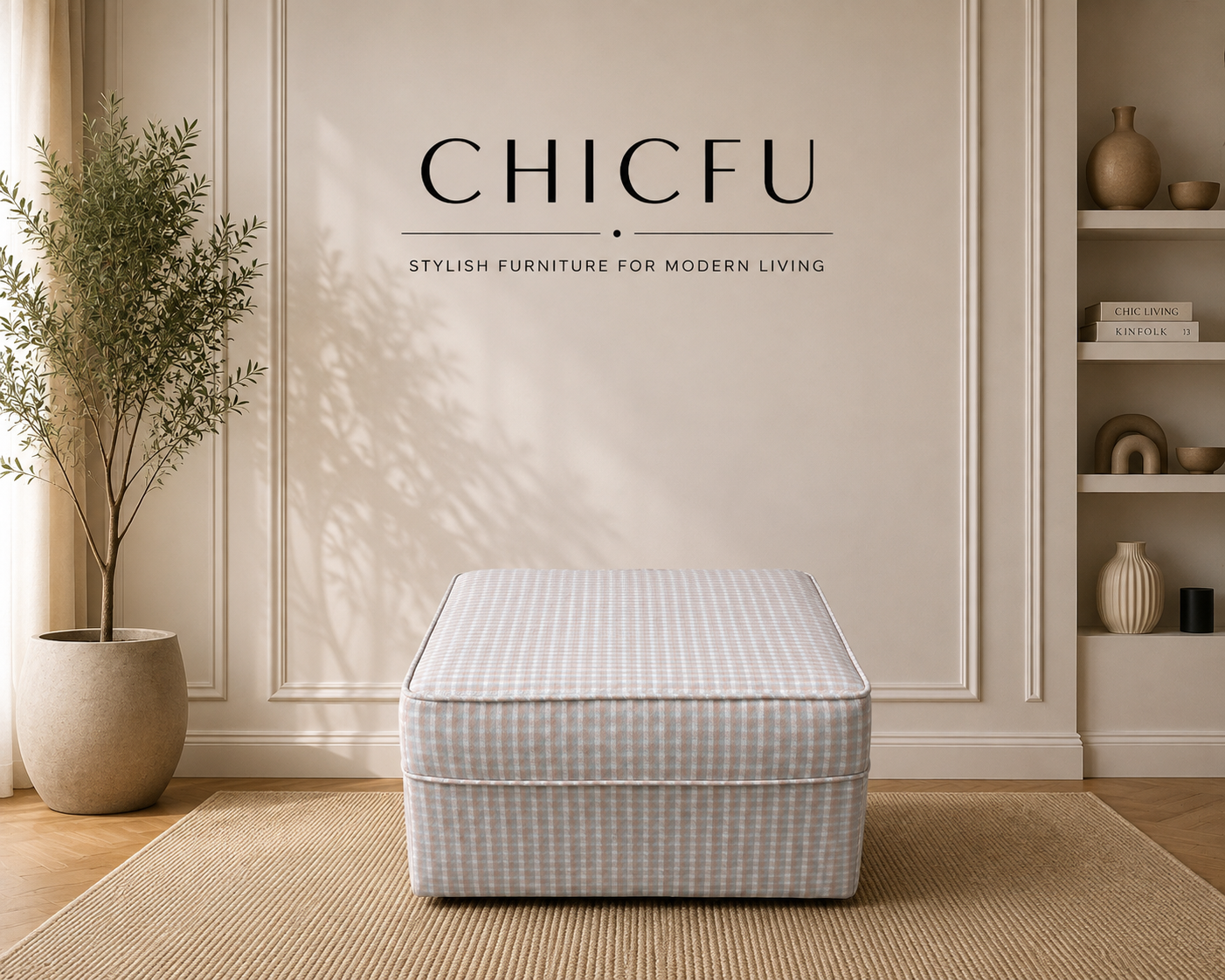 Farmhouse Compact Footstool Pastel Check Fabric Ottoman