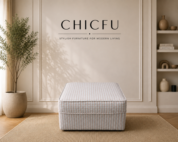 Farmhouse Compact Footstool Pastel Check Fabric Ottoman