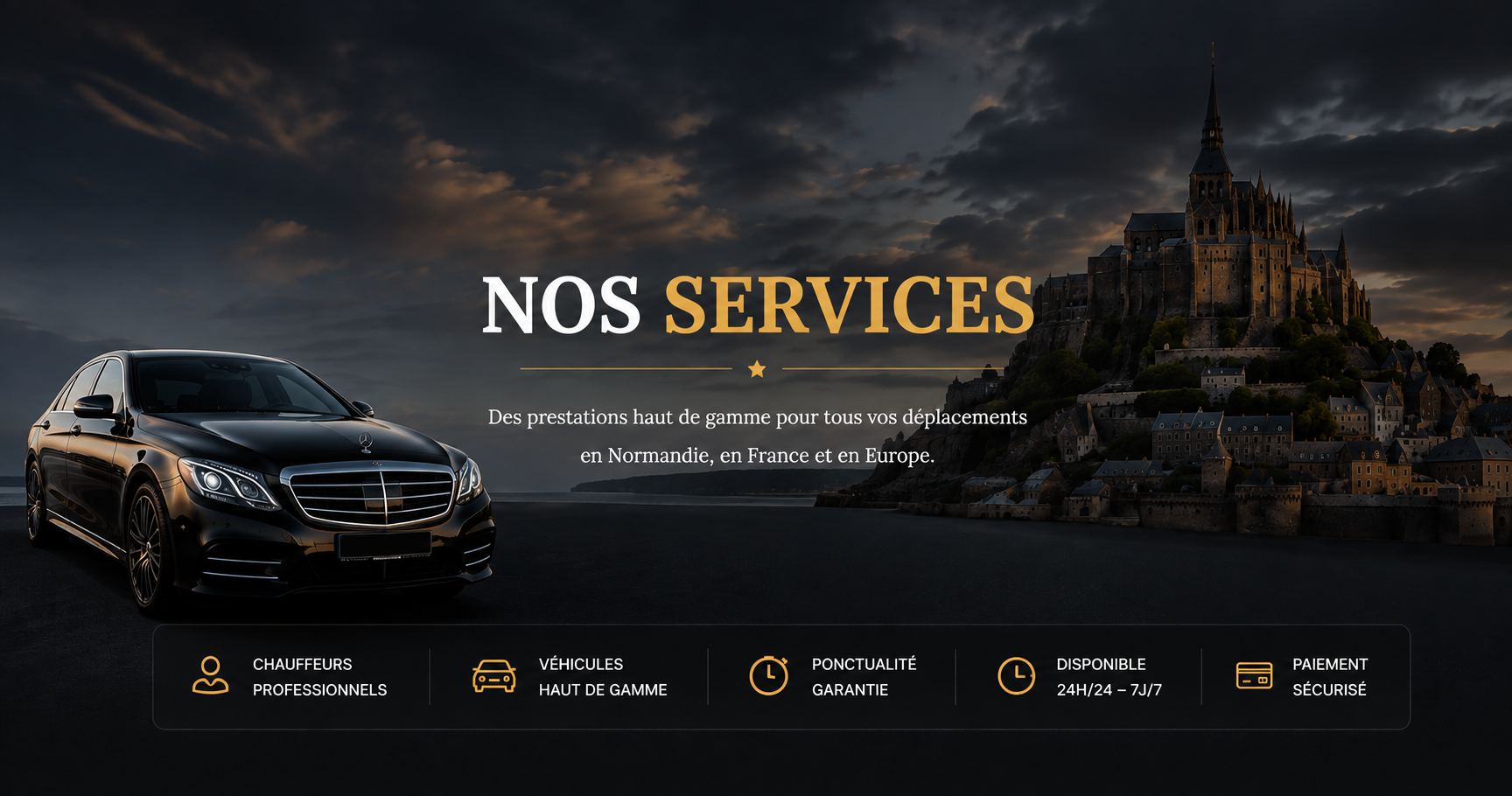 Véhicule de Normandy Prestige Transfers devant le Mont-Saint-Michel, service VTC en Normandie