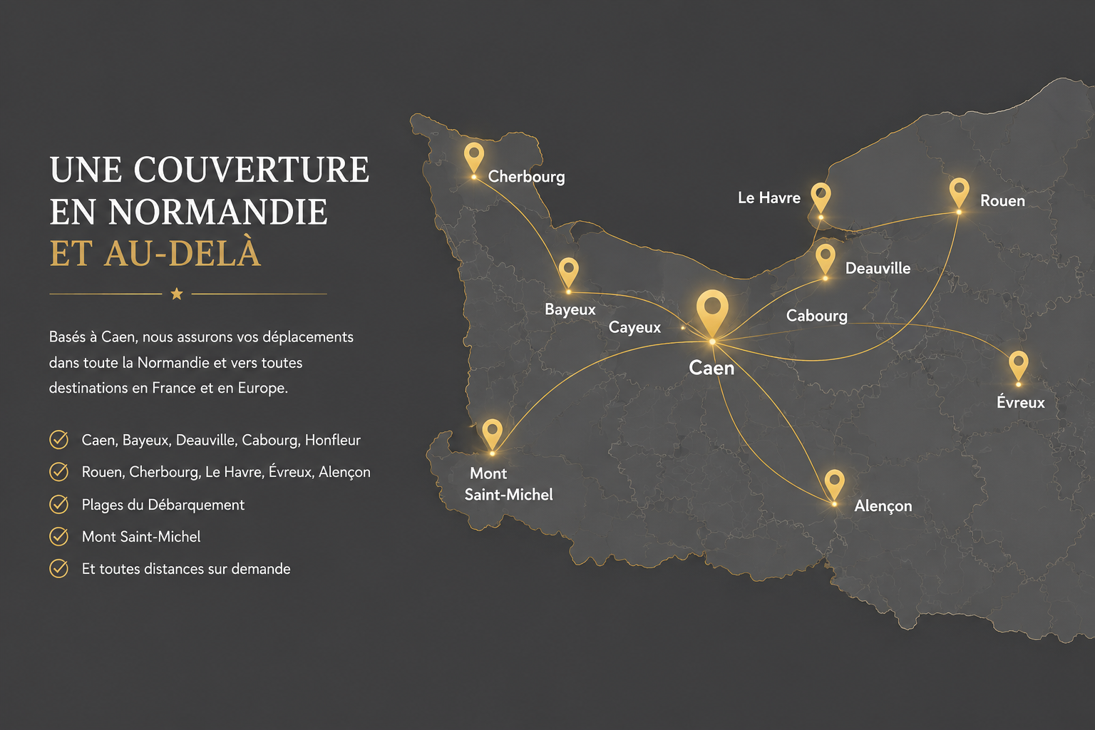 Zones desservies par Normandy Prestige Transfers depuis Caen vers la Normandie et les longues distances