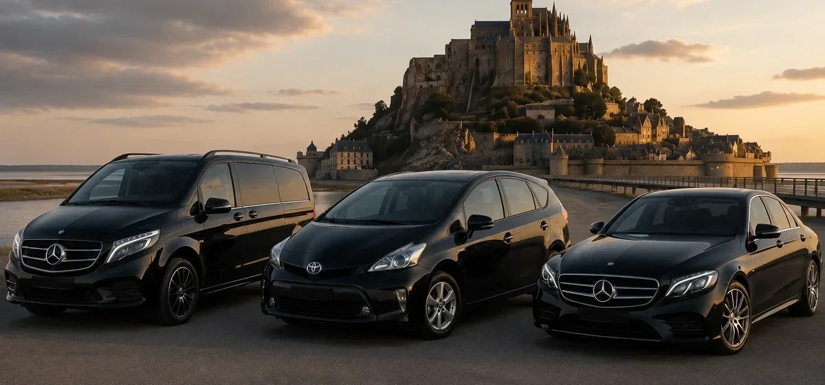 Véhicules avec chauffeur privé VTC devant le Mont-Saint-Michel en Normandie