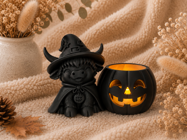 🎃 Pumpkin Cuties – Schotse Hooglander Heks LED Theelichthouder 🐮🧙‍♀️