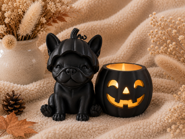 🍂 Pumpkin Cuties – Frenchie LED Theelichthouder 🐶🎃
