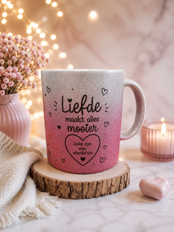 Gepersonaliseerde mok glitter roze/zilver