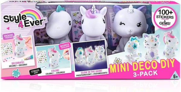 Style 4Ever - Mini Deco DIY 3 Pack - Kit con Unicornio, Dinosaurio y Gatito que Brillan en la Oscuridad