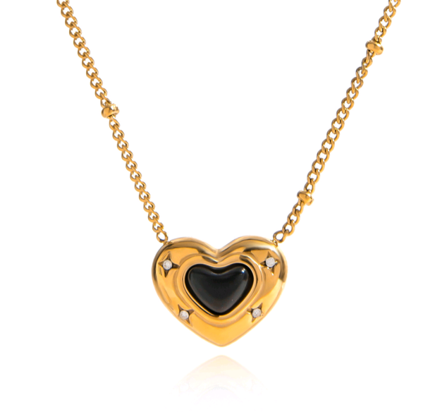 Ketting hart natuursteen agaat - zwart/goud