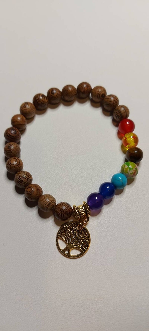 Chakra armband met versteend Hout
