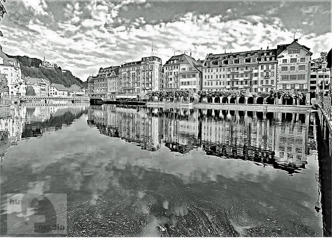 Historische Gebäude am Fluss Poster A4