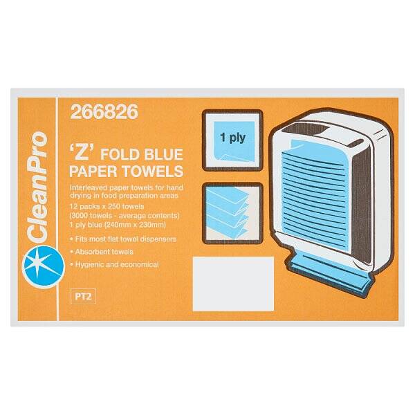 CleanPro 'Z' Fold Blue Paper Towels 1 Ply 12 Packs x 250 Sheets