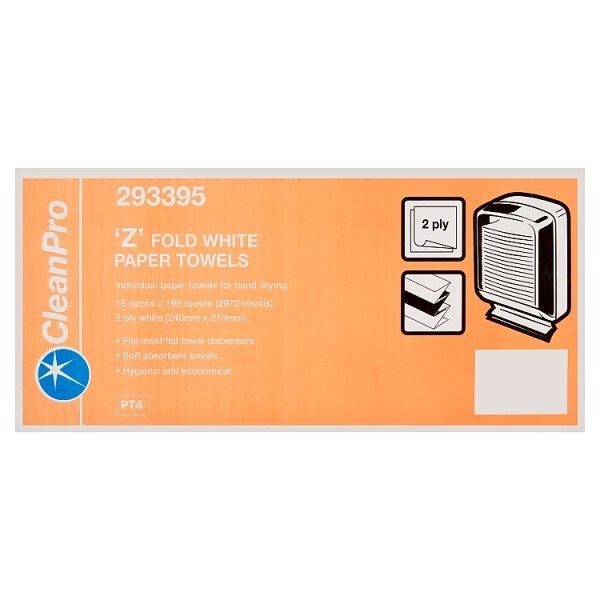 CleanPro 'Z' Fold White Paper Towels 2 Ply 15 Packs 198 Towels