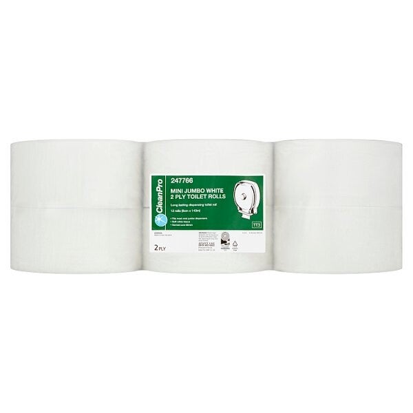 CleanPro Mini Jumbo White 2 Ply 12 Toilet Rolls