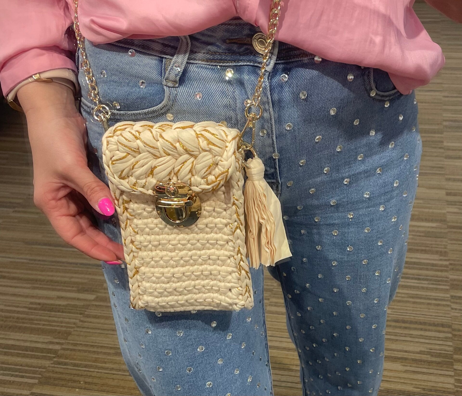 Gevlochten heuptasje beige