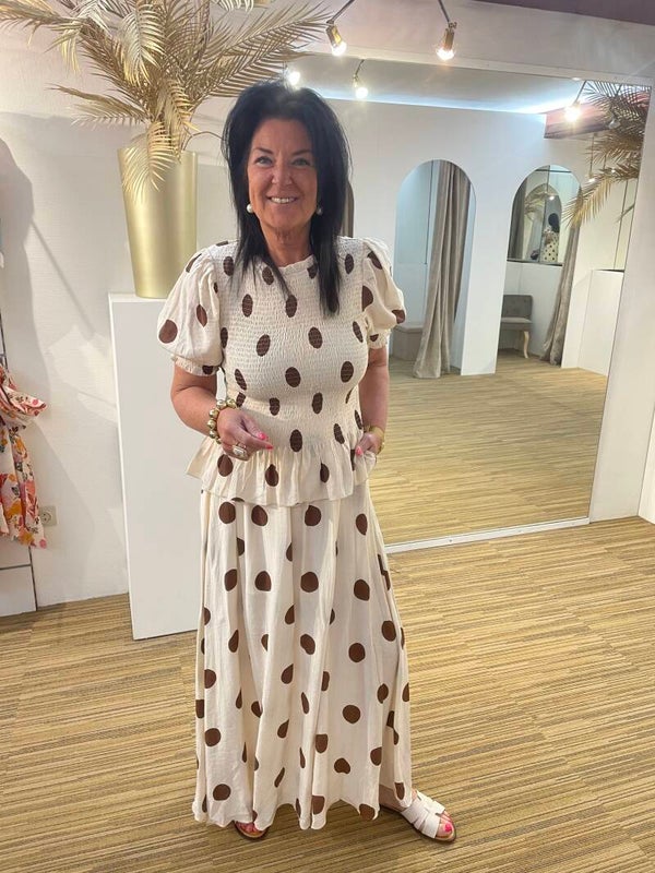 Beige met bruine bolletjes set