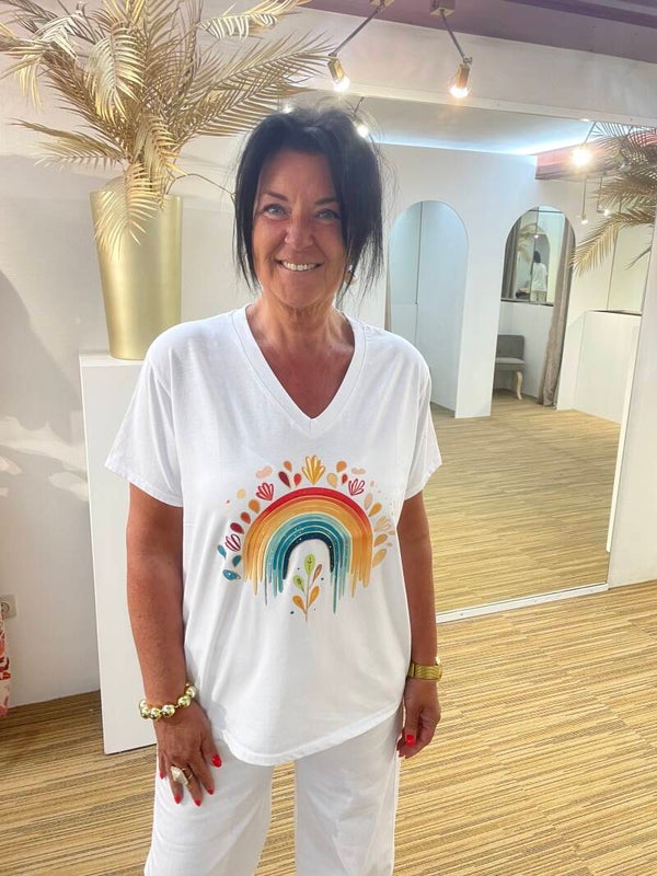 Witte V-hals Tshirt regenboog