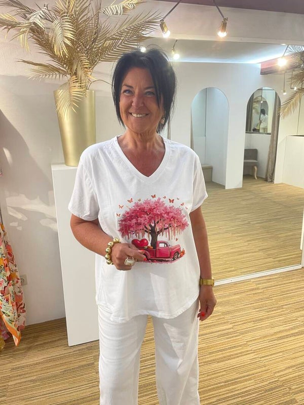 Witte V-hals Tshirt Boom/auto roze