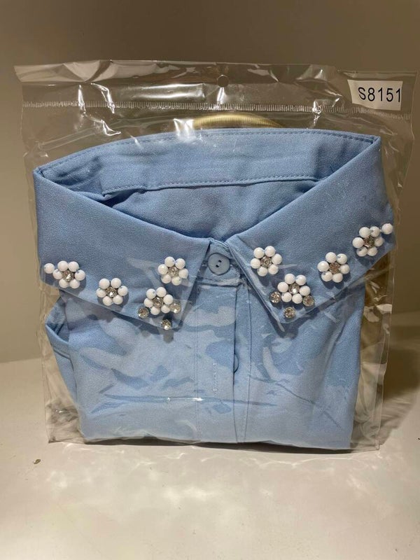 Bloeskraagje Blauw met bloemen parels