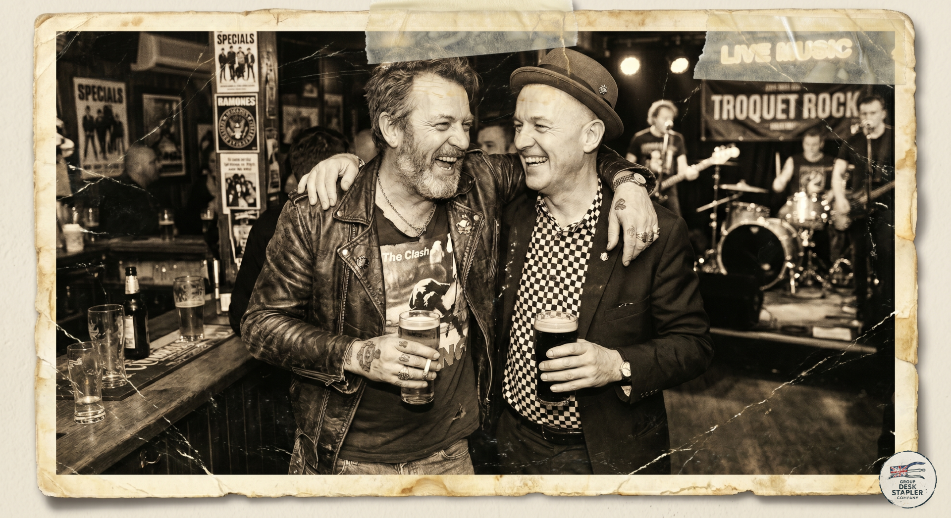 Photographie vintage en noir et blanc de 6Rill et Ferris, les fondateurs de Desk Stapler Company, riant dans un pub à l'ambiance punk et ska.Portrait historique de 6Rill, ancien rocker punk, et Ferris, fan de ska, les deux créateurs de la Desk Stapler Com