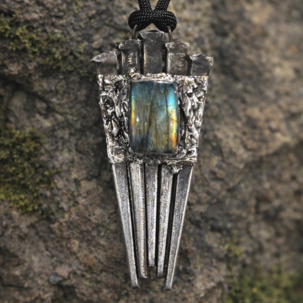 Antique Coffin Nail Pendant with Labradorite – Handmade Gothic Necklace