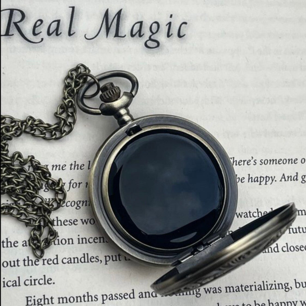 Black Mirror Pocket Watch Necklace | Vintage Brass Scrying Pendant