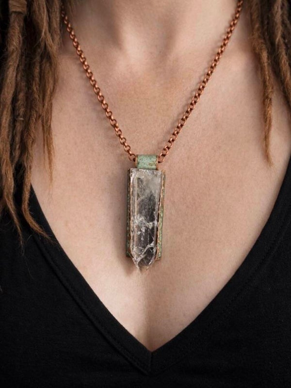 Powerful Crackle Quartz and Turquoise Patina Copper Necklace