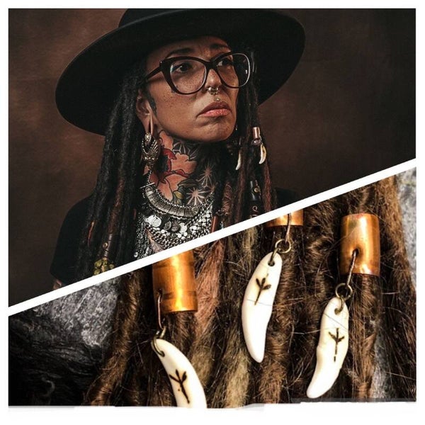 Set of 3 Fox Bone / Fang & Copper Dreadlock Charms | Oddity Hair Jewellery